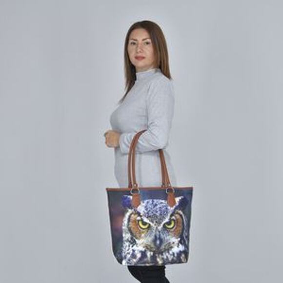 NWOT Navy Realistic Owl Print Pattern Tote Bag with Handle Drop - Picture 2 of 7